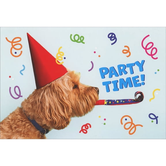 Pictura Party Time: Dog with Red Hat and Blowout Horn Funny Birthday Card