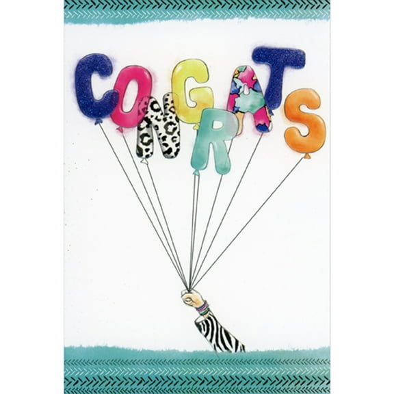 Pictura Patterned Congrats Letters Balloons Held by Arm with Zebra Sleeve Congratulations Card