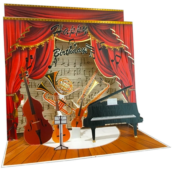 Pictura Piano, Bass, Guitar, Violin, Trumpet, Saxaphone and French Horn : Stage and Curtains 3D Pop Up Keepsake Birthday Card