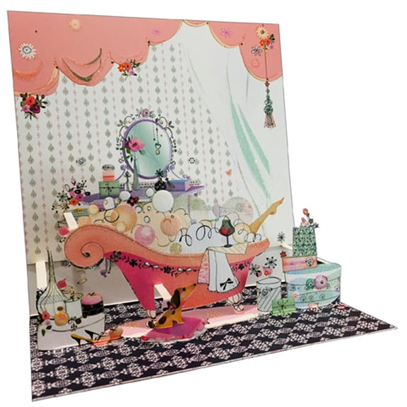 Pictura Pink Bathtub : Bubble Bath : Vanity Desk and Mirror 3D Pop Up Keepsake Greeting Card