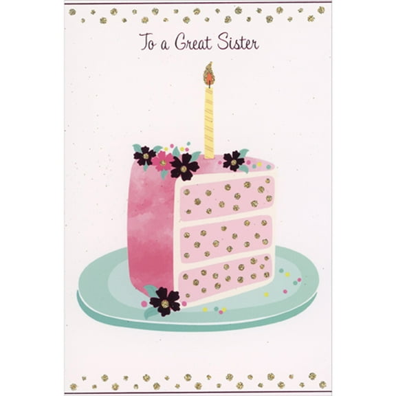 Pictura Pink Cake Slice with Gold Dots and Flower Icing Accents Birthday Card for Sister
