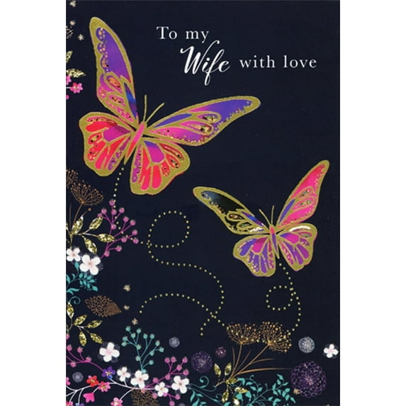 Pictura Pink, Purple and Gold Foil Butterflies on Black Wedding Anniversary Card for Wife