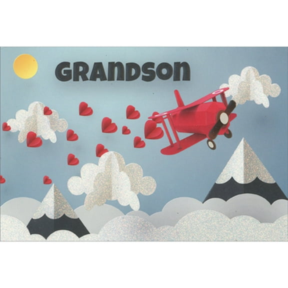 Pictura Propeller Plane, Red Hearts and Sparkling Clouds and Mountains Valentine's Day Card for Grandson