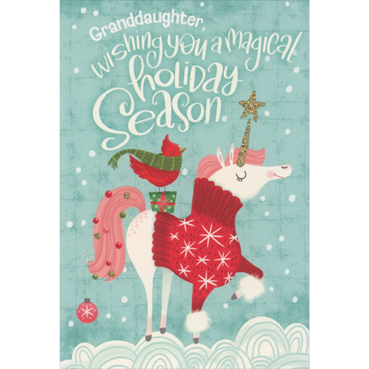 Pictura Proud Unicorn Wearing Red Sweater on Light Blue Christmas Card for Granddaughter