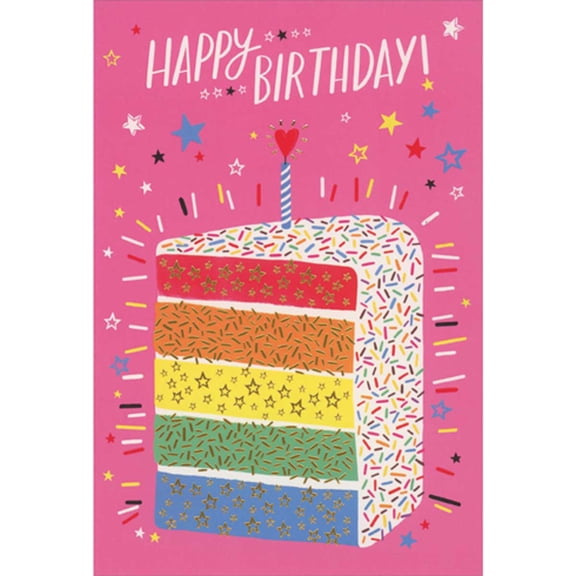 Pictura Rainbow Cake Slice, Sprinkles and Heart Candle on Pink Birthday Card