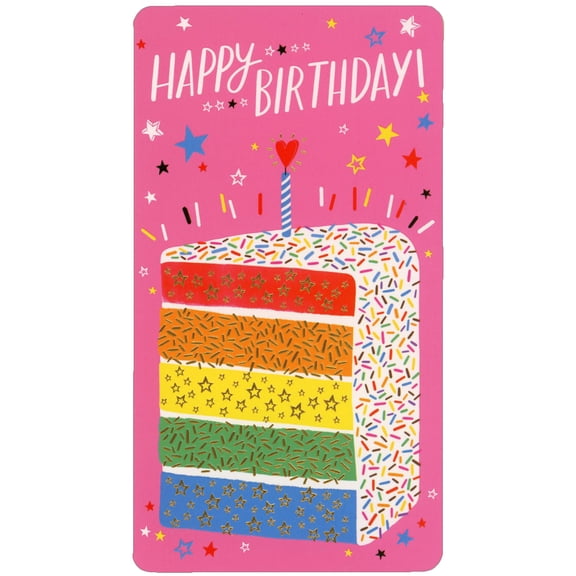 Pictura Rainbow Cake Slice, Sprinkles and Heart Candle on Pink Money Holder / Gift Card Holder Birthday Card