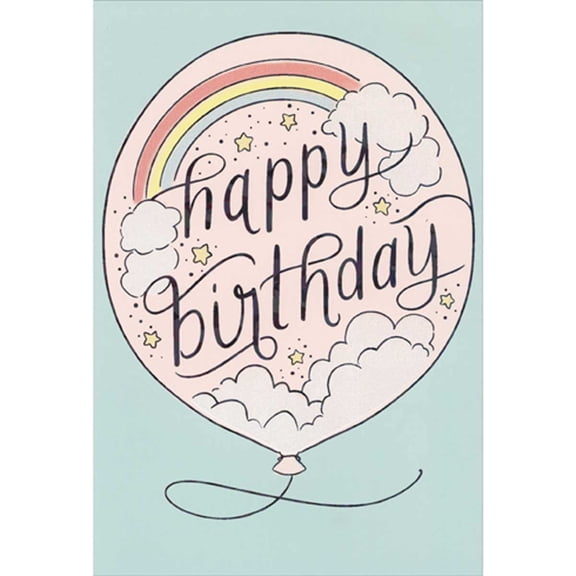 Pictura Rainbow, Clouds and Stars Inside Border of Pink Balloon Birthday Card