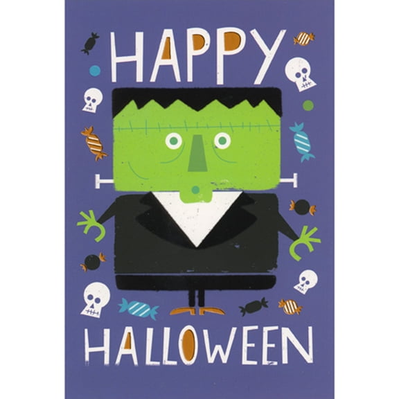 Pictura Rectangular Bodied Frankenstein in Suit with Candy Border Juvenile Halloween Card for Kids