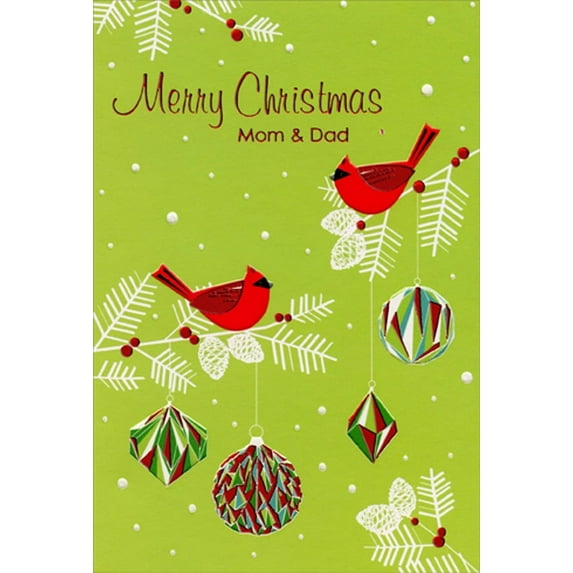 Pictura Red Cardinals on White Branches : Foil Ornaments Mom and Dad Christmas Card