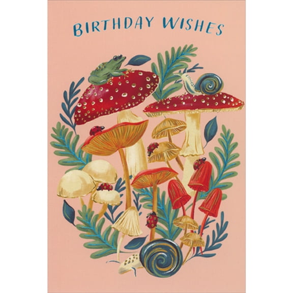 Pictura Red, White and Gold Mushrooms with Frog, Ladybugs and Snail Birthday Card