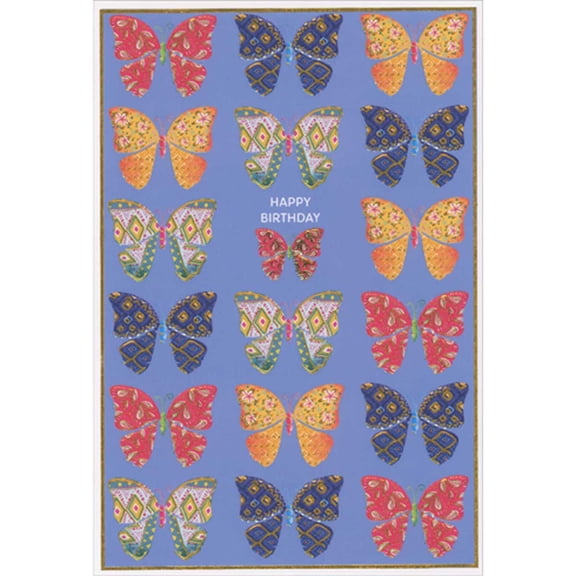 Pictura Rows of Ornately Patterned Gold Foil Accented Butterflies on Blue Birthday Card
