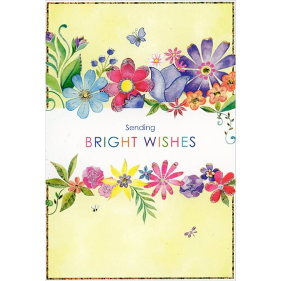Pictura Sending Bright Wishes: Two Horizontal Rows of Colorful Flowers on Yellow Get Well Card