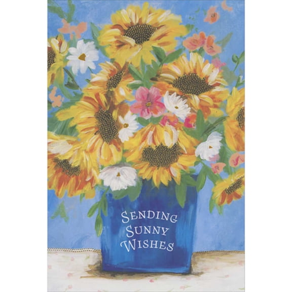Pictura Sending Sunny Wishes: Watercolor Sunflowers in Blue Pot Get Well Card