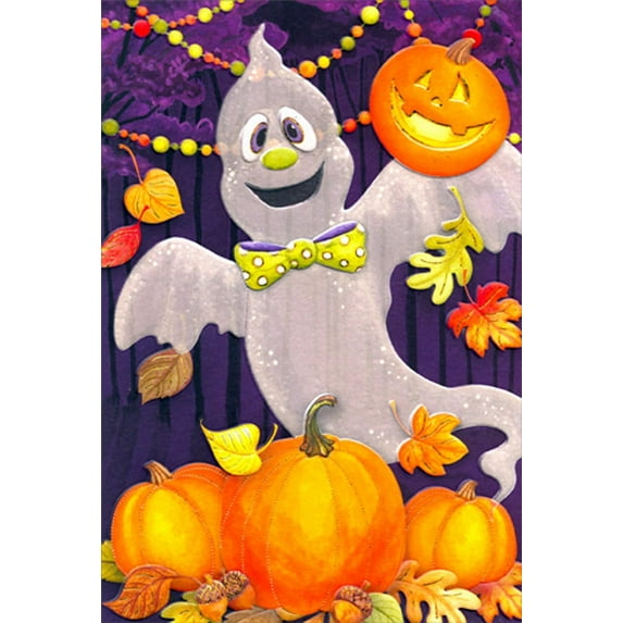 Pictura Silly Ghost Wearing Green Polka Dot Bowtie Halloween Card