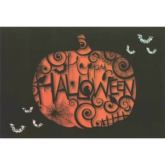 Pictura Silver Holographic Foil Bats and Black Silhouette Lettering and Symbols Inside Pumpkin Halloween Card