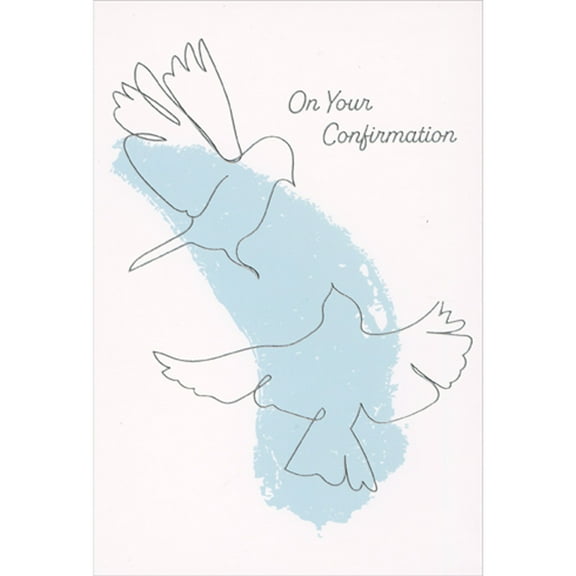 Pictura Silver Outline of Flying Doves Over Blue Brush Stroke Confirmation Congratulations Card