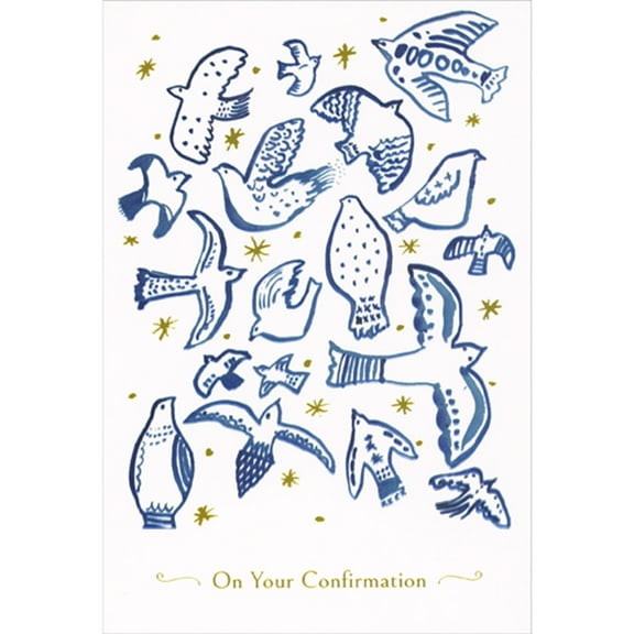 Pictura Simply Drawn Blue Foil Doves and Gold Foil Stars Confirmation Congratulations Card