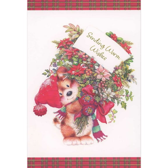 Pictura Small Dog Wearing Red Hat and Holding Flower Bouquet Christmas Card