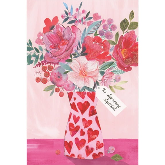 Pictura Sparkling Flowers in Pink Vase with Red Hearts Valentine's Day Card for Someone Special