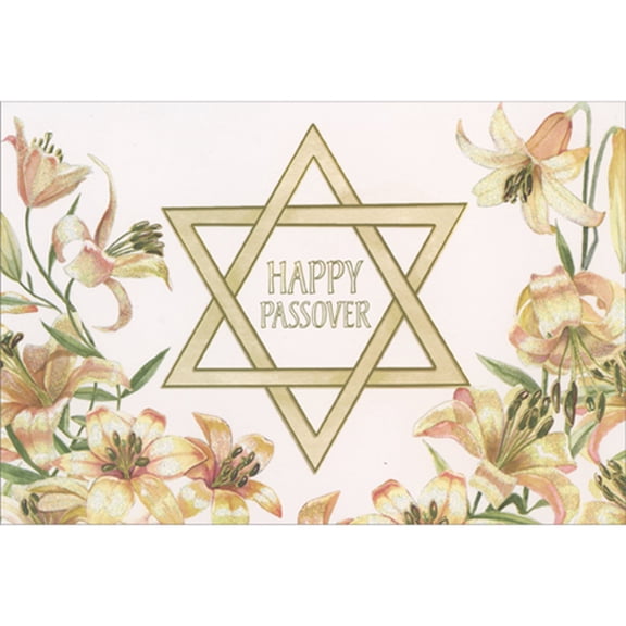 Pictura Sparkling Lillies Bordering Gold Outlined Star of David Passover Card