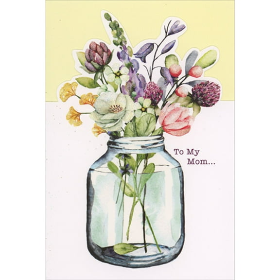 Pictura Sparkling White, Pink and Purple Flowers in Glass Jar Vase Die Cut Birthday Card for Mom