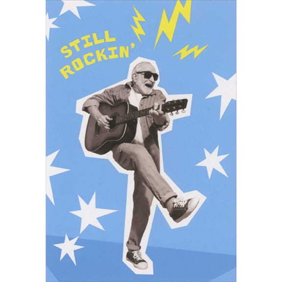 Pictura Still Rockin: Old Man Playing Guitar, Stars and Lightning Birthday Card for Men