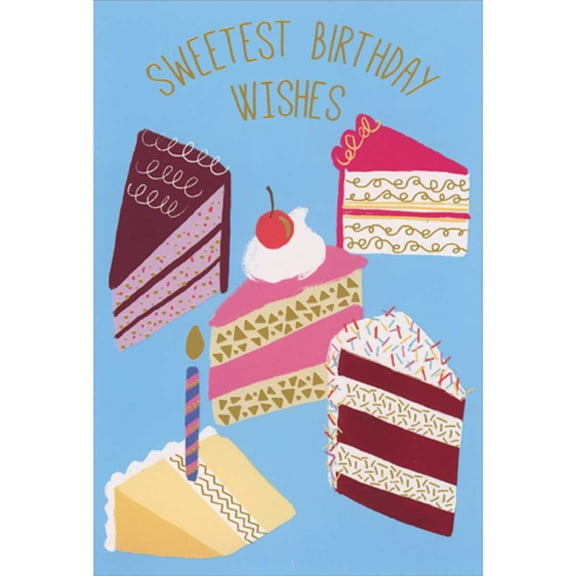 Pictura Sweetest Wishes: Five Different Cake Slices on Blue Background Birthday Card