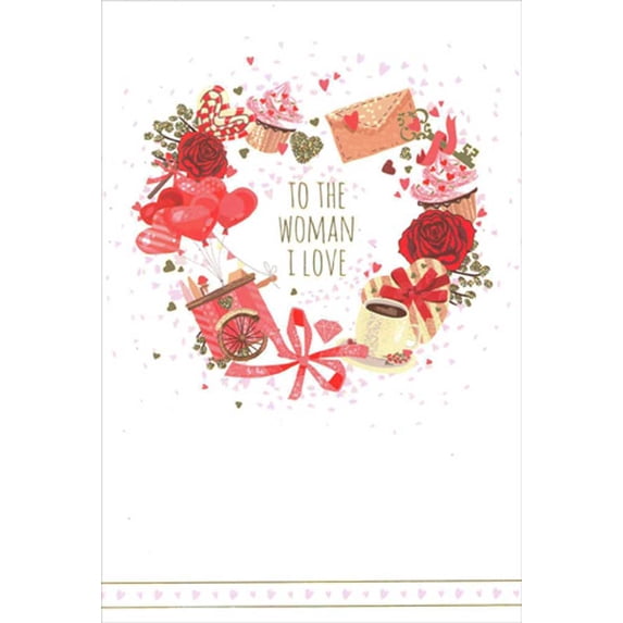 Pictura Sweets, Balloons, Flowers and Hearts Wreath Romantic Valentine's Day Card to the Woman I Love