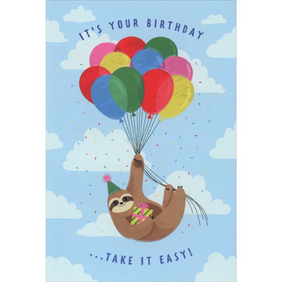 Pictura Take it Easy: Sloth Floating with Helium Balloons Birthday Card