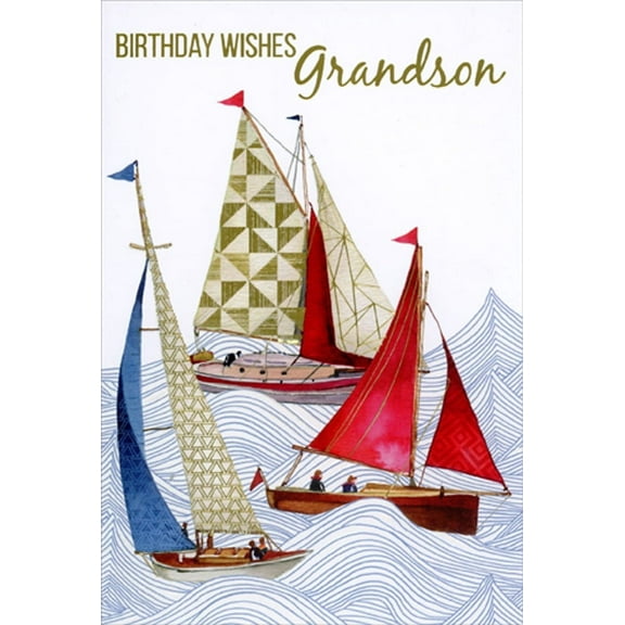 Pictura Three Sailboats with Gold Foil Accents : Wavy Water Birthday Card for Grandson