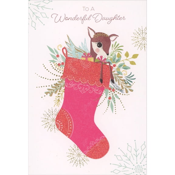 Pictura Tiny Deer Sitting In Pink Stocking Christmas Card for Daughter