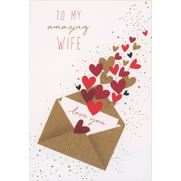 Pictura To My Amazing Wife: Envelope and Floating Red, Brown and Gold Glitter Hearts Valentine's Day Card