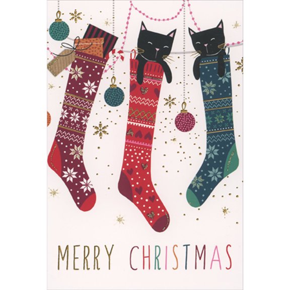 Pictura Two Black Cats Nestled Into Long Hanging Stockings Christmas Card