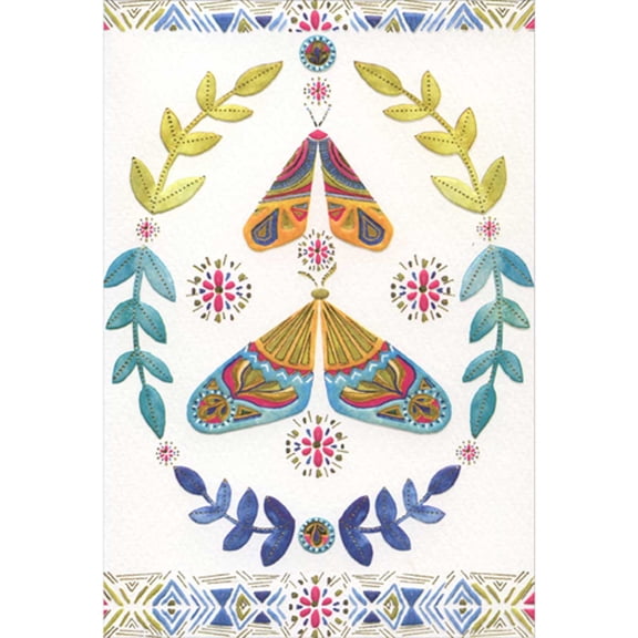 Pictura Two Patterned Gold Accented Butterflies Inside Vine Oval Frame Blank Note Card