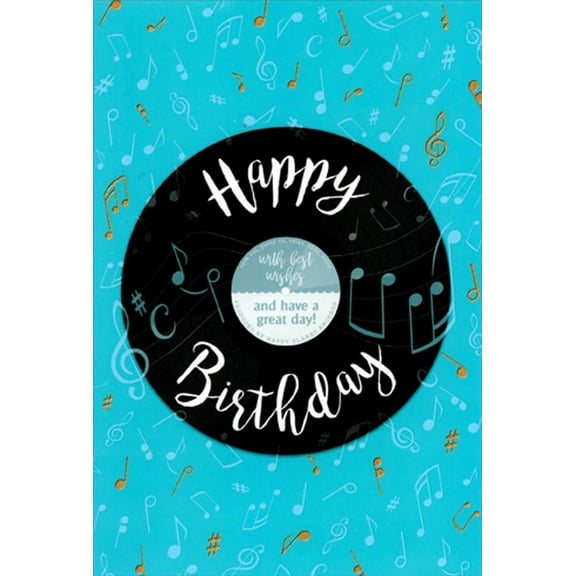 Pictura Vinyl Record on Blue : Foil Music Notes Birthday Card