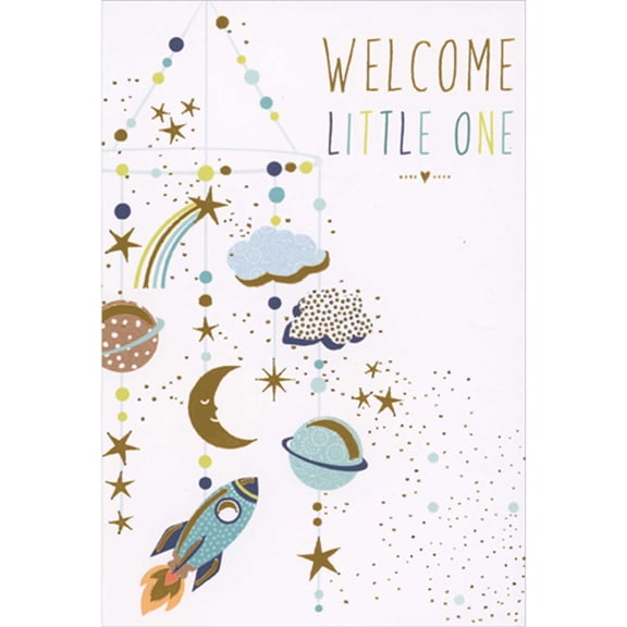 Pictura Welcome Little One: Mobile with Blue Rocket, Planet and Clouds Congratulations New Baby Boy Card