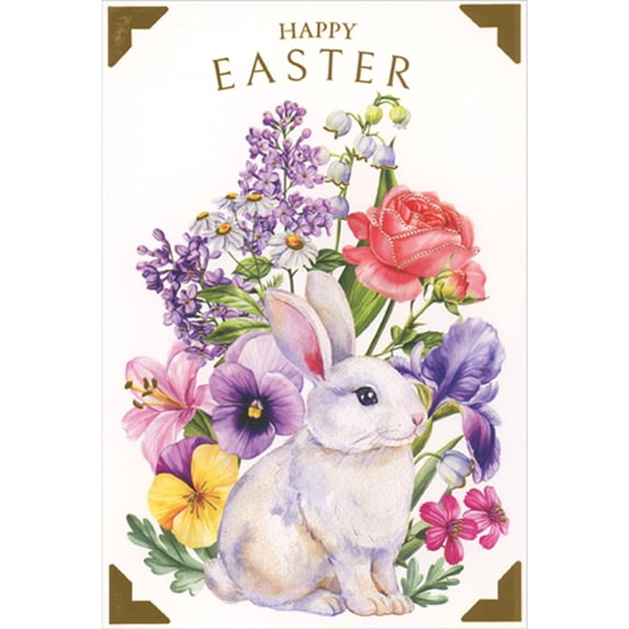 Pictura White Bunny in Front of Colorful Spring Flowers Easter Card
