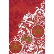 Pictura White Doves, Ornaments and Holly Silhouettes on Deep Red Wife Christmas Card
