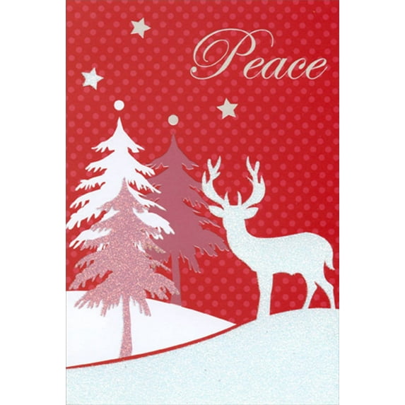 Pictura White Stag and Evergreen Trees on Red Christmas Card