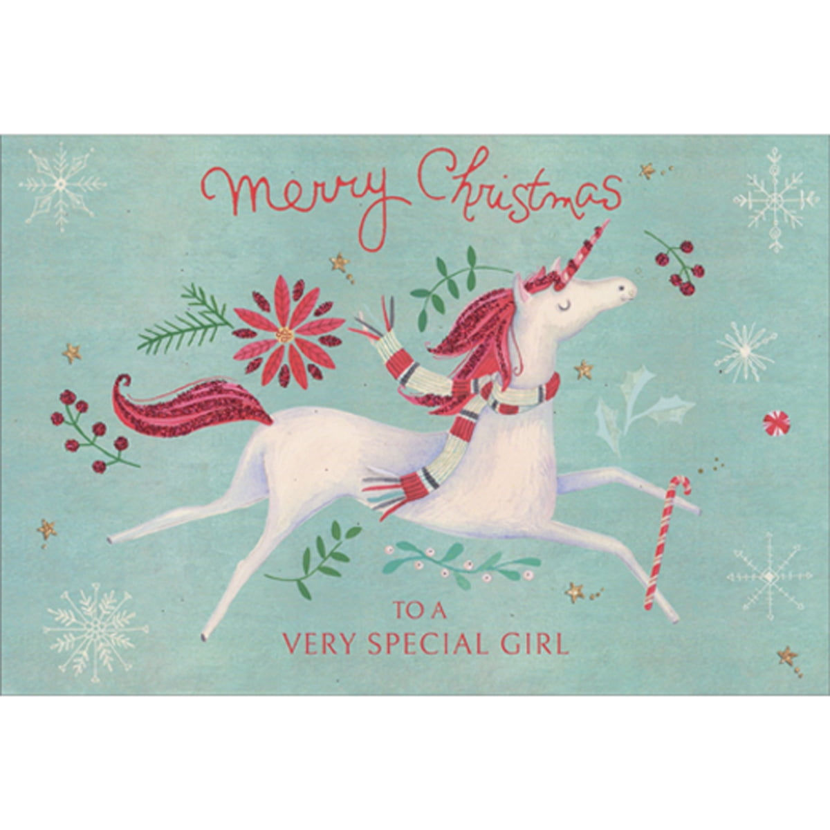 Pictura White Unicorn with Pink Mane and Candy Cane Horn Christmas Card for a Special Girl