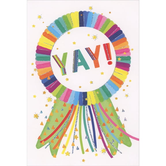 Pictura Yay: Rainbow Colored Ribbon Award, Tiny Yellow Stars and Orange Triangles Congratulations Card