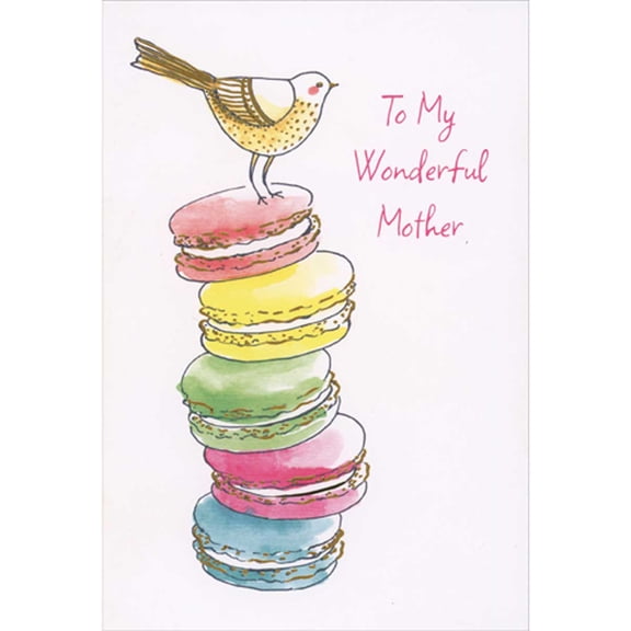 Pictura Yellow Bird on Top of Colorful Stack of Macaroons Birthday Card for Mother