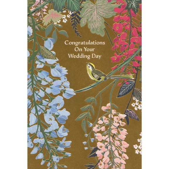 Pictura Yellow Bird on Wisteria Branch Over Shimmering Gold Foil Congratulations Wedding Card