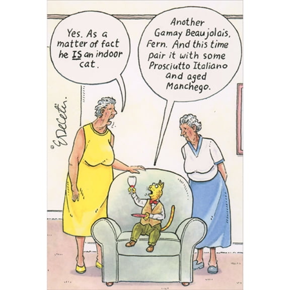 Pictura Yellow Indoor Cat Asking for Fancy Wine Funny Birthday Card