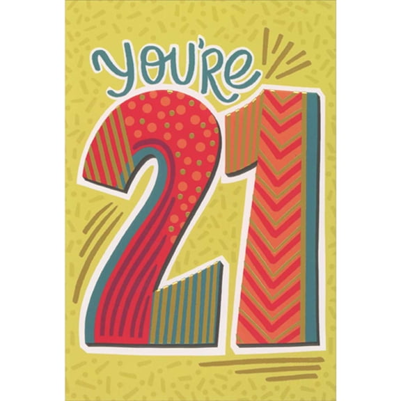 Pictura You're 21: Red, Blue and Gold Foil Letters on Yellowish Green 21st Birthday Card