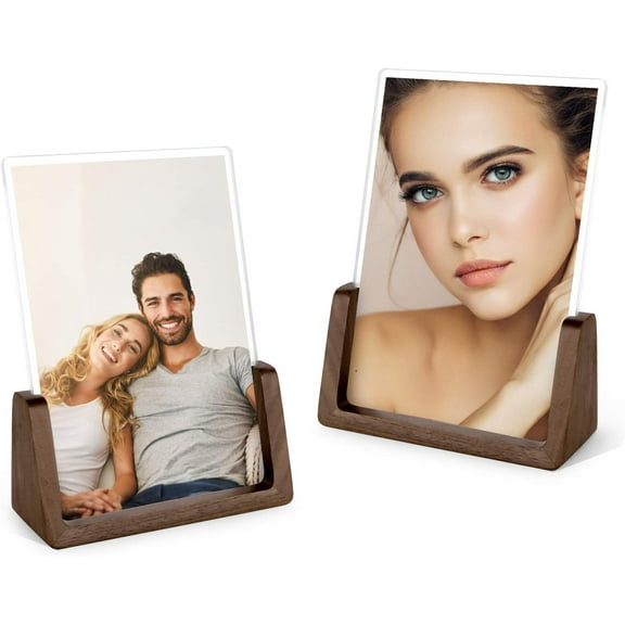 Picture Frame 2 Pack - Rustic Wooden Photo Frames with Walnut Wood Base and High Definition Break Free Acrylic Glass Covers for Tabletop or Desktop Display (4x6 inch, Vertical + Vertical)
