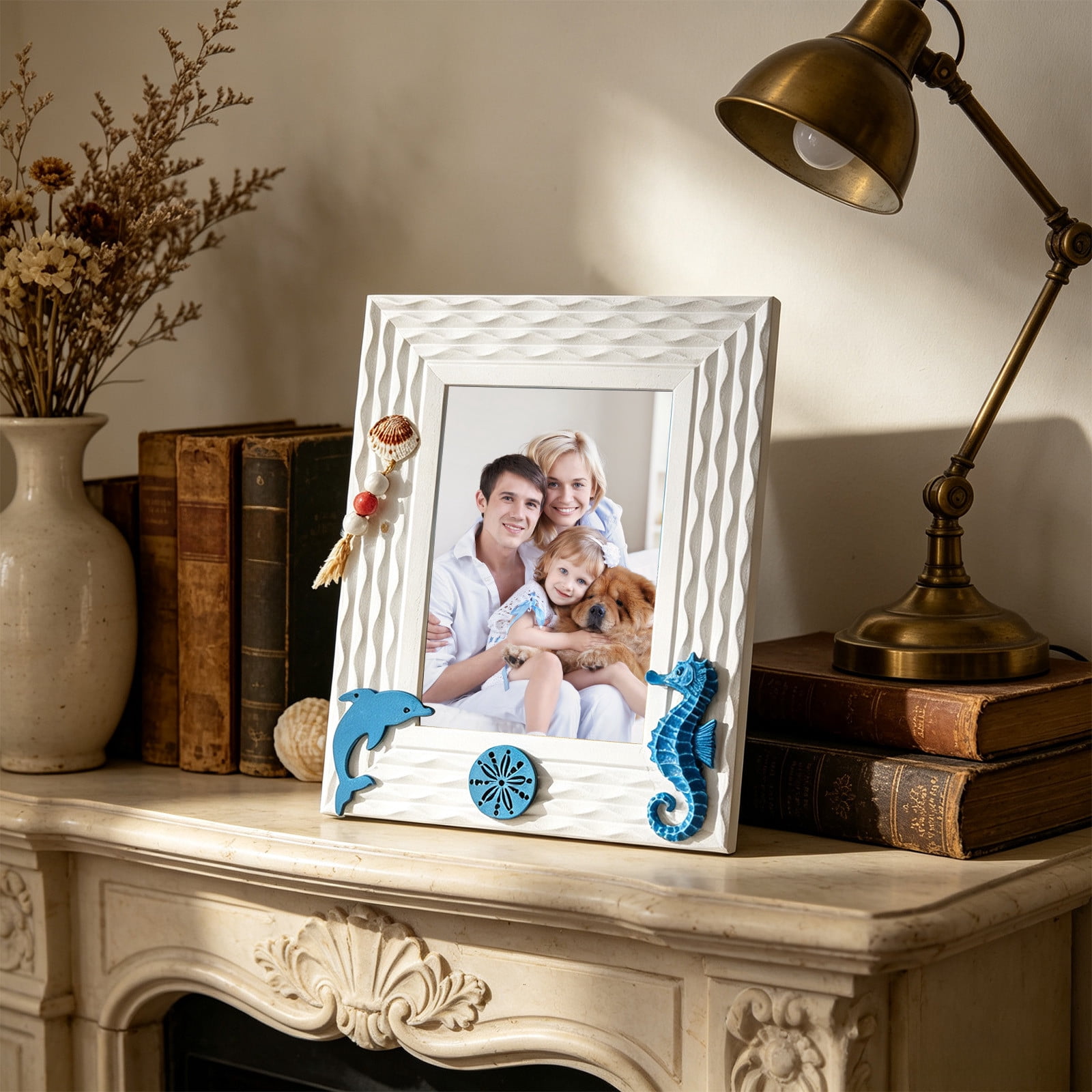 Picture Frame 7 Inch Wooden Coastal Photo Frame with Dolphins Seahorses ...