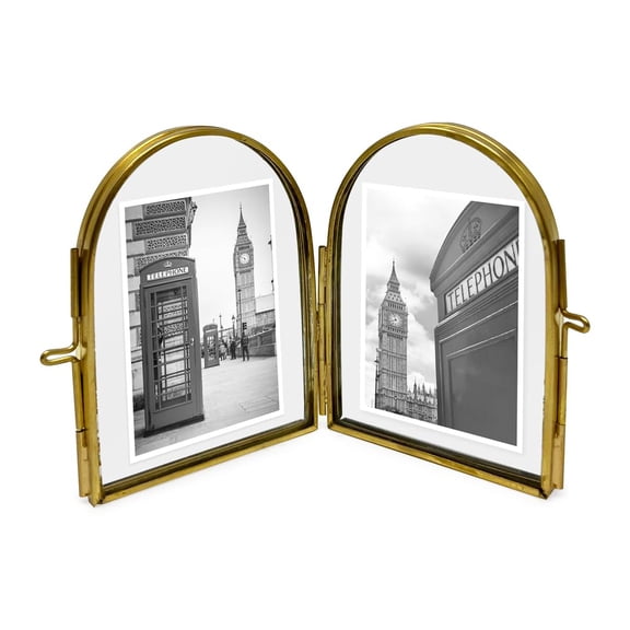 Picture Frame Antique Gold 2x3 Double-sided Arched Brass Glass Floating with Locket Closure