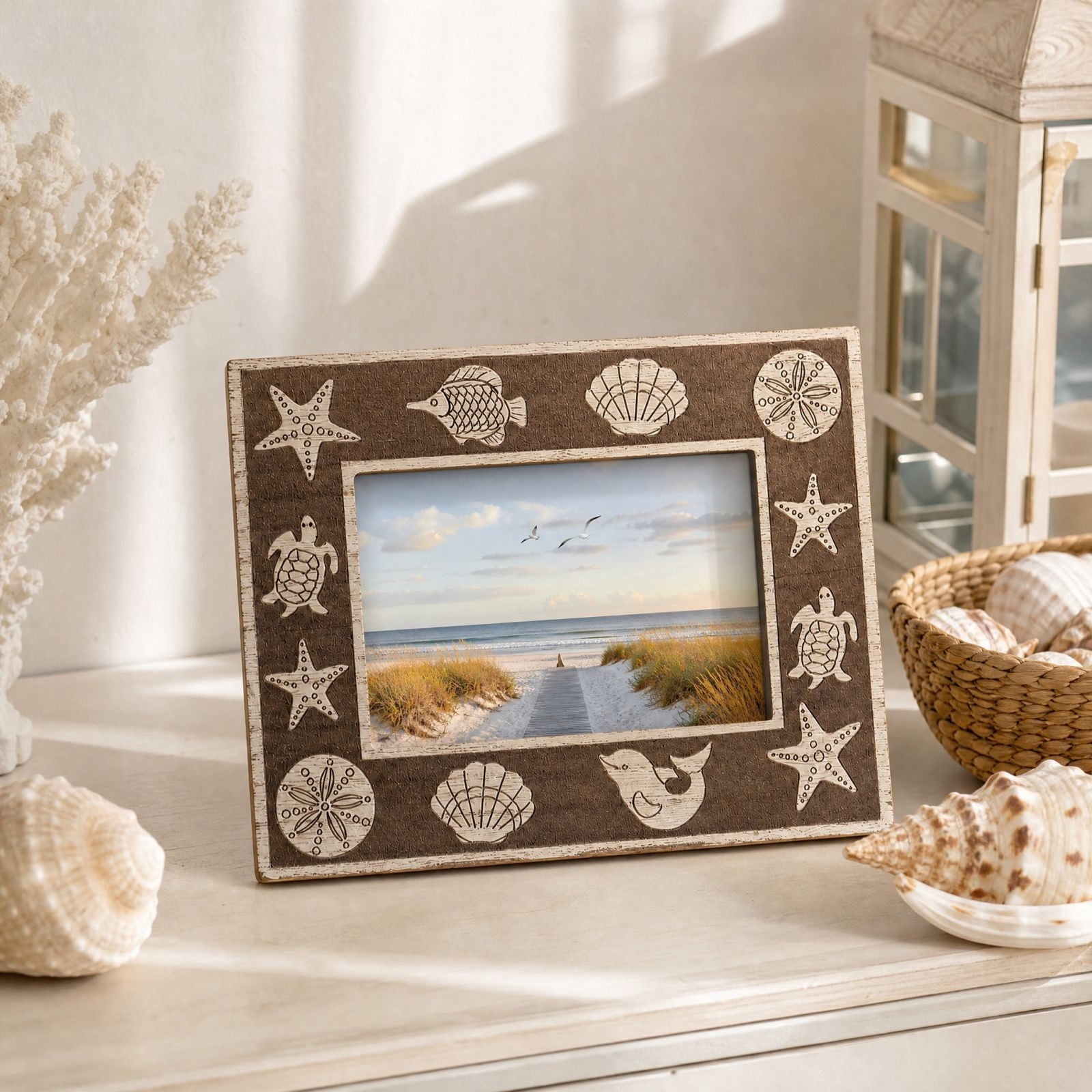 All Sea Shell Picture Frame, Beach Themed Photo Frame 6 Inch, Wooden with Starfish ...