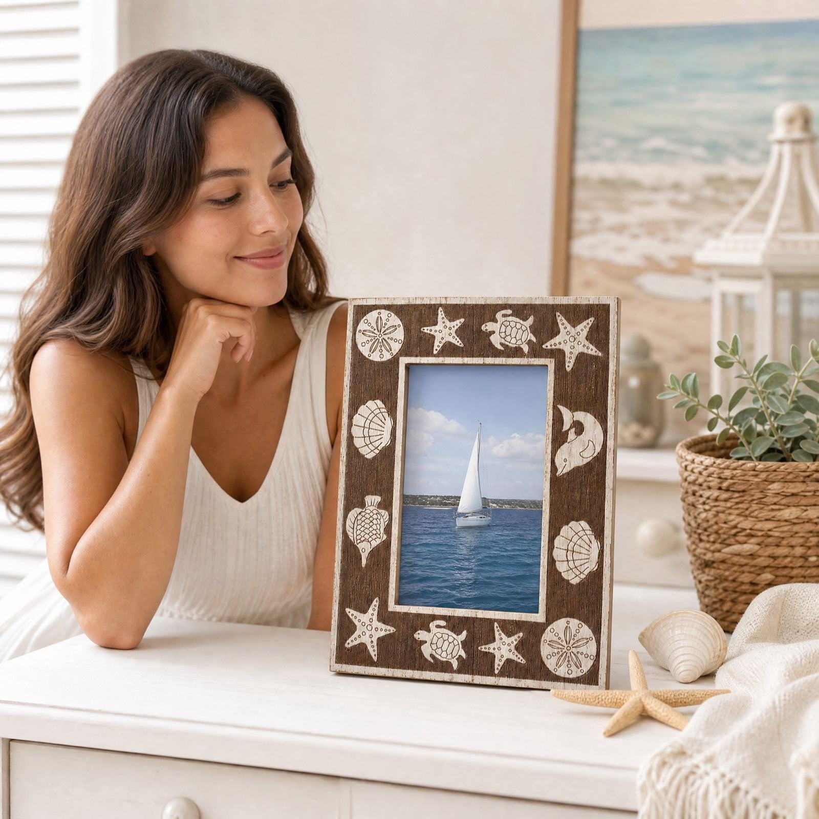 All Sea Shell Picture Frame, Beach Themed Photo Frame 6 Inch, Wooden with Starfish ...